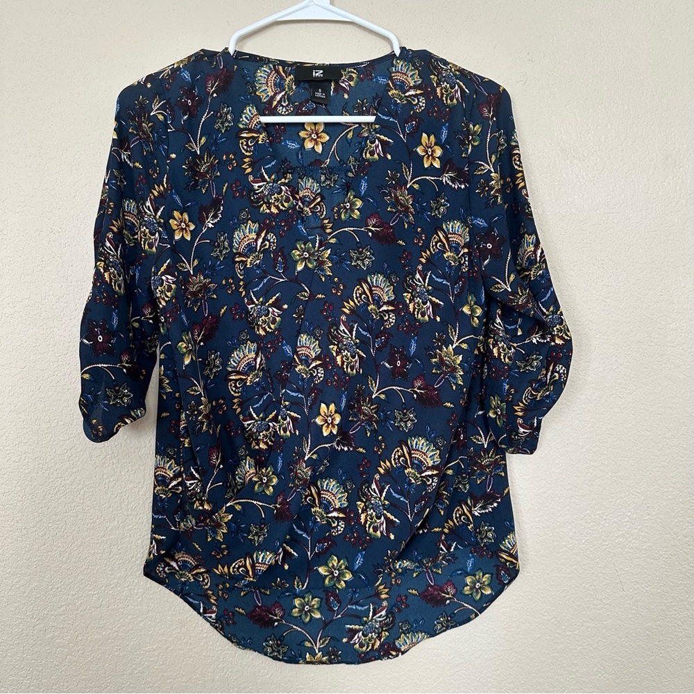 Iz Byer Navy Floral Blouse